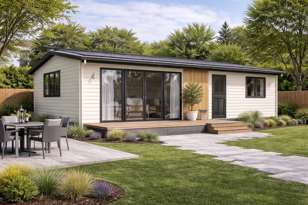 Μοντέρνα τροχοβίλα μέσης τιμής 800€ ανά τετραγωνικό μέτρο με ξύλινες λεπτομέρειες και αυλή με διαμόρφωση κήπου