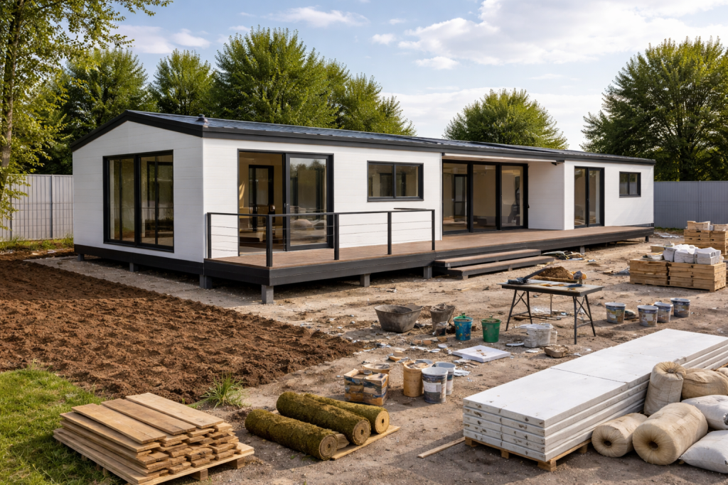 Τροχοβίλα μέσης τιμής υπό κατασκευή με πάνελ και εξωτερικό deck, εργοτάξιο με υλικά και διαμορφωμένο χώρο πρασίνου