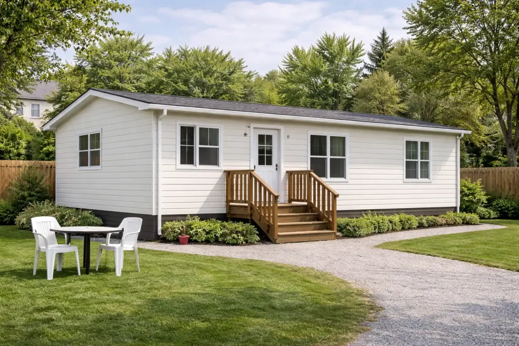 Οικονομική τροχοβίλα 600€ ανά τετραγωνικό μέτρο σε αυλή με κήπο, απλή κατασκευή κατοικίας για προσιτή στέγαση