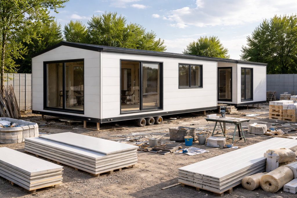 Οικονομική τροχοβίλα υπό κατασκευή με πάνελ, εργοτάξιο με υλικά διάσπαρτα στον χώρο και σύγχρονη προκατασκευασμένη κατοικία