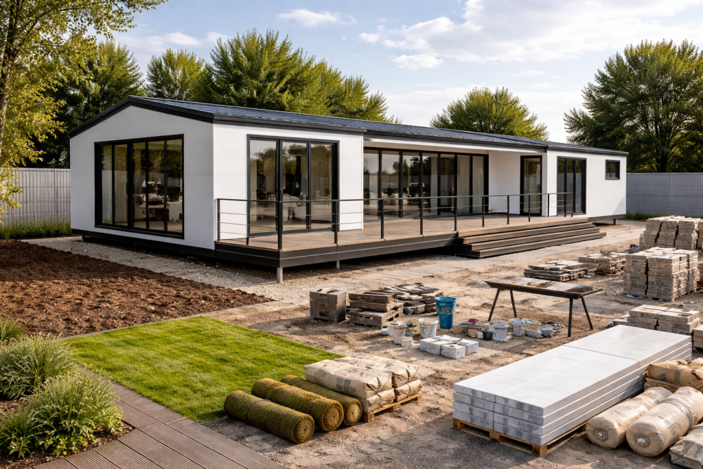 Premium τροχοβίλα υπό κατασκευή με πάνελ, μεγάλο εξωτερικό deck και διαμορφωμένο χώρο πρασίνου σε εργοτάξιο