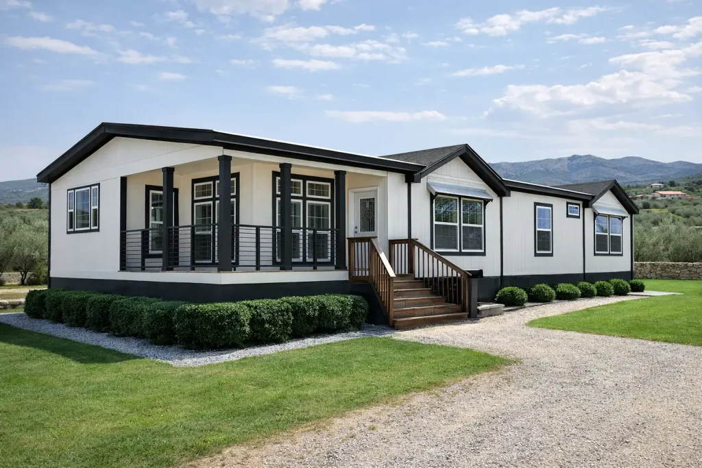 Σύγχρονη τροχοβίλα προκατασκευασμένη κατοικία με βεράντα σε ελληνικό τοπίο και πράσινο κήπο